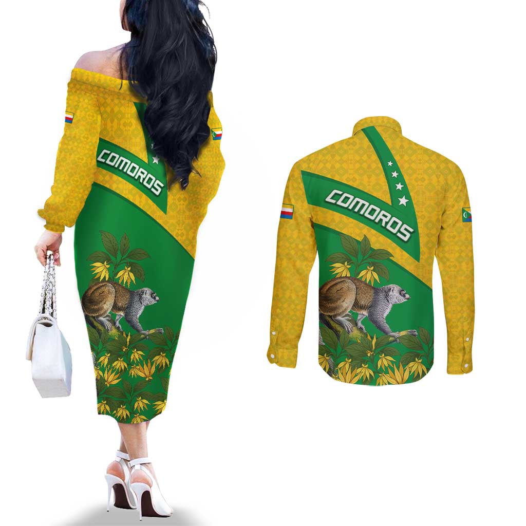 Comoros Couples Matching Off The Shoulder Long Sleeve Dress and Long Sleeve Button Shirt with National Flag Lemur Design and Ylang Ylang Flower Pattern