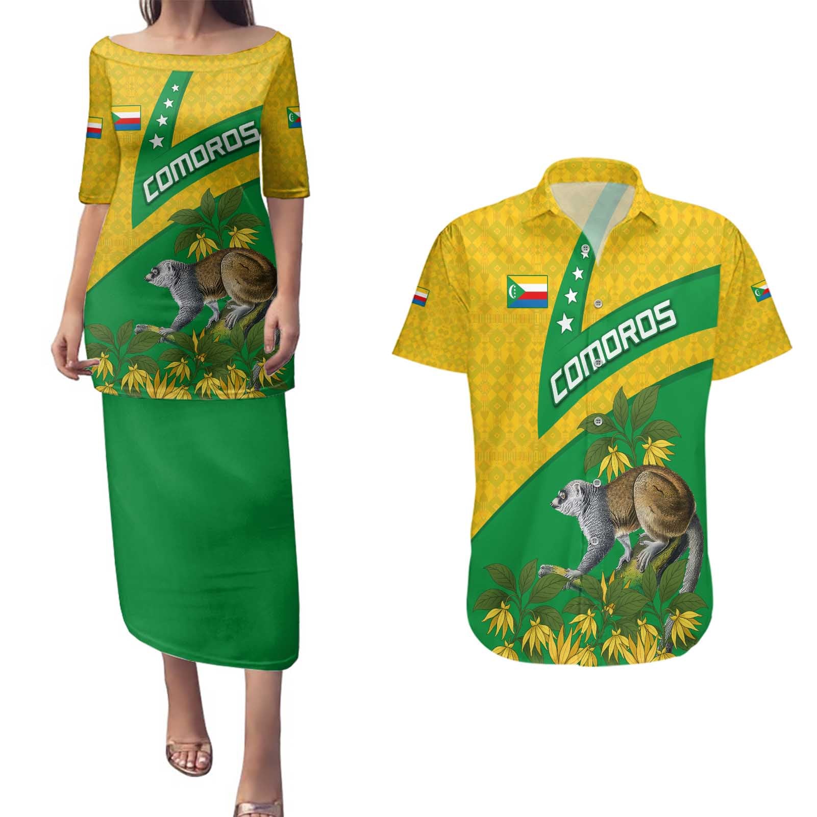 Comoros Couples Matching Puletasi and Hawaiian Shirt with National Flag Lemur Design and Ylang Ylang Flower Pattern