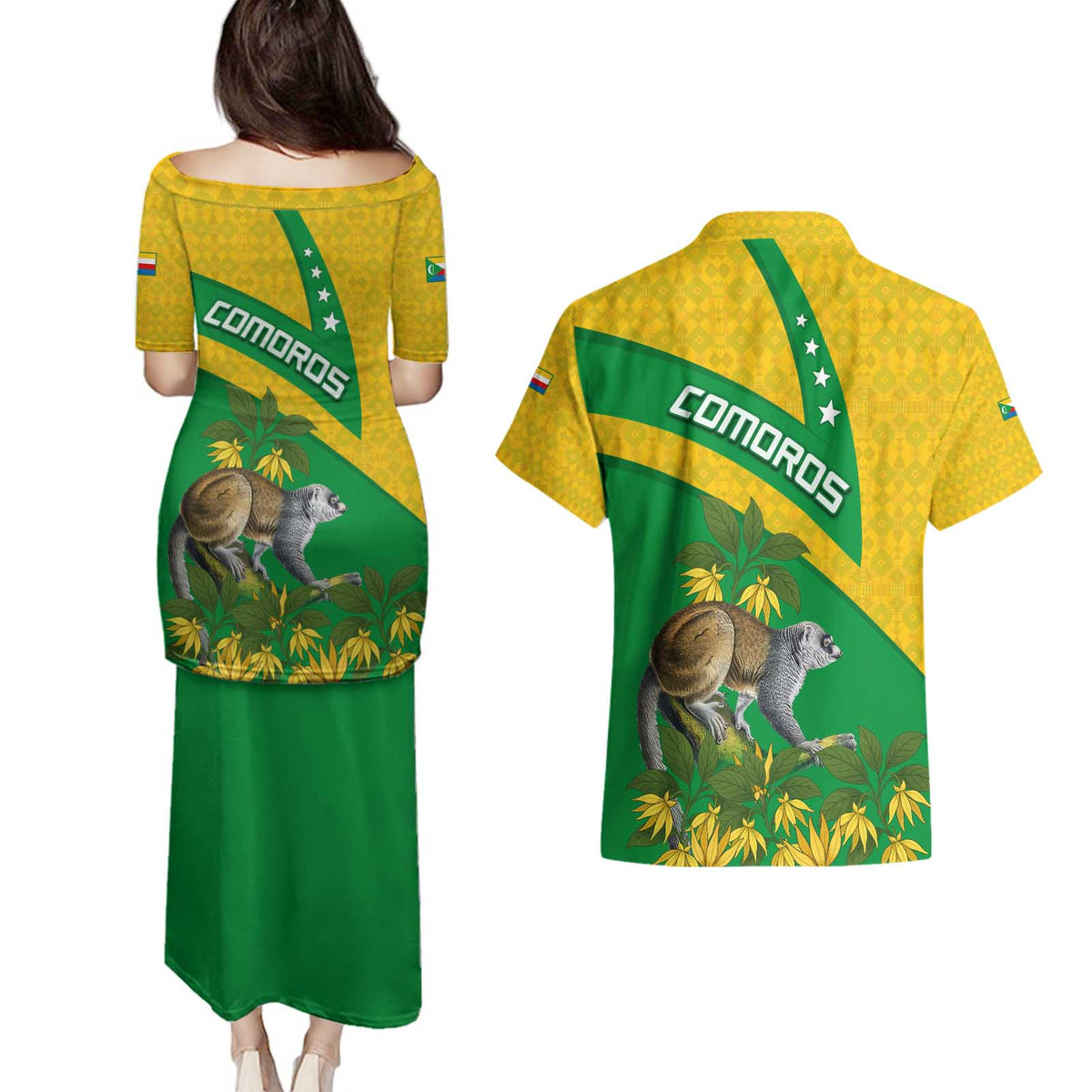 Comoros Couples Matching Puletasi and Hawaiian Shirt with National Flag Lemur Design and Ylang Ylang Flower Pattern