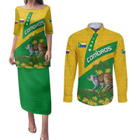 Comoros Couples Matching Puletasi and Long Sleeve Button Shirt with National Flag Lemur Design and Ylang Ylang Flower Pattern