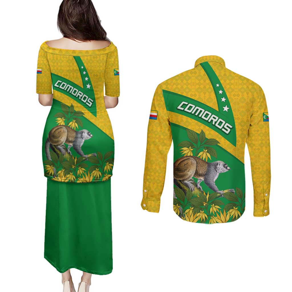 Comoros Couples Matching Puletasi and Long Sleeve Button Shirt with National Flag Lemur Design and Ylang Ylang Flower Pattern