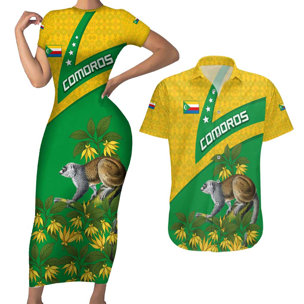 Comoros Couples Matching Short Sleeve Bodycon Dress and Hawaiian Shirt with National Flag Lemur Design and Ylang Ylang Flower Pattern