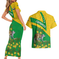 Comoros Couples Matching Short Sleeve Bodycon Dress and Hawaiian Shirt with National Flag Lemur Design and Ylang Ylang Flower Pattern