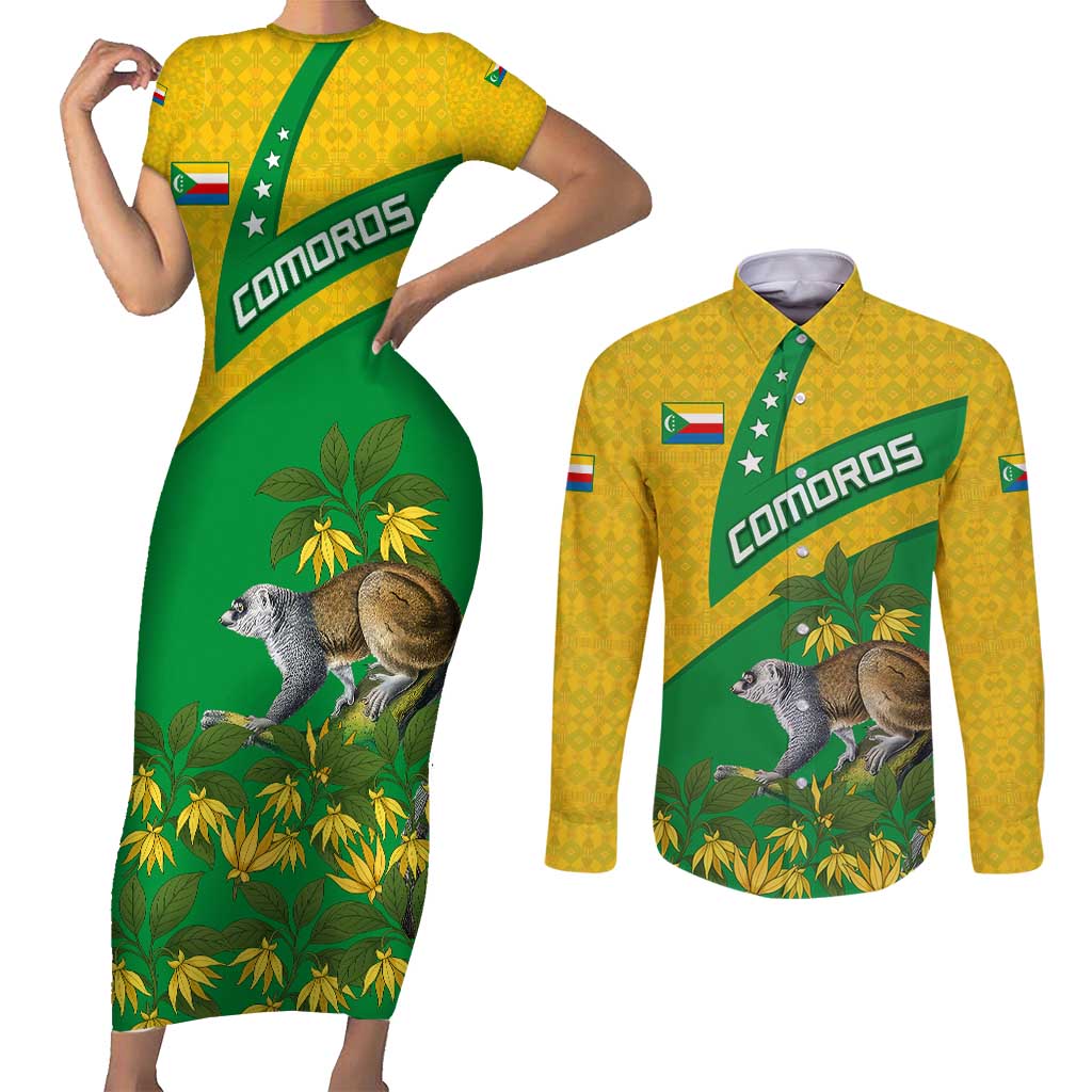 Comoros Couples Matching Short Sleeve Bodycon Dress and Long Sleeve Button Shirt with National Flag Lemur Design and Ylang Ylang Flower Pattern
