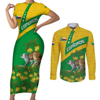 Comoros Couples Matching Short Sleeve Bodycon Dress and Long Sleeve Button Shirt with National Flag Lemur Design and Ylang Ylang Flower Pattern