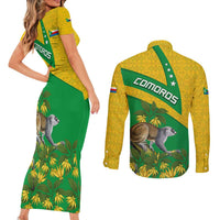 Comoros Couples Matching Short Sleeve Bodycon Dress and Long Sleeve Button Shirt with National Flag Lemur Design and Ylang Ylang Flower Pattern