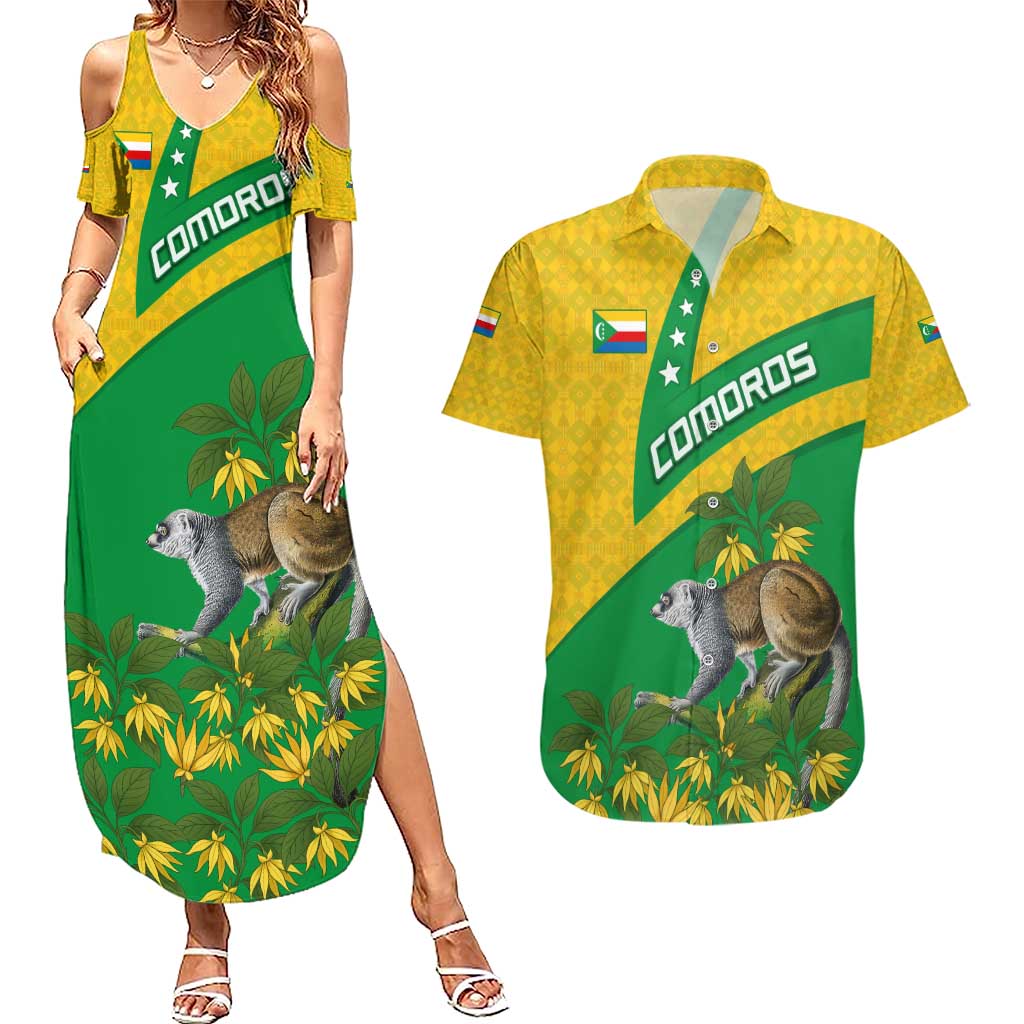 Comoros Couples Matching Summer Maxi Dress and Hawaiian Shirt with National Flag Lemur Design and Ylang Ylang Flower Pattern