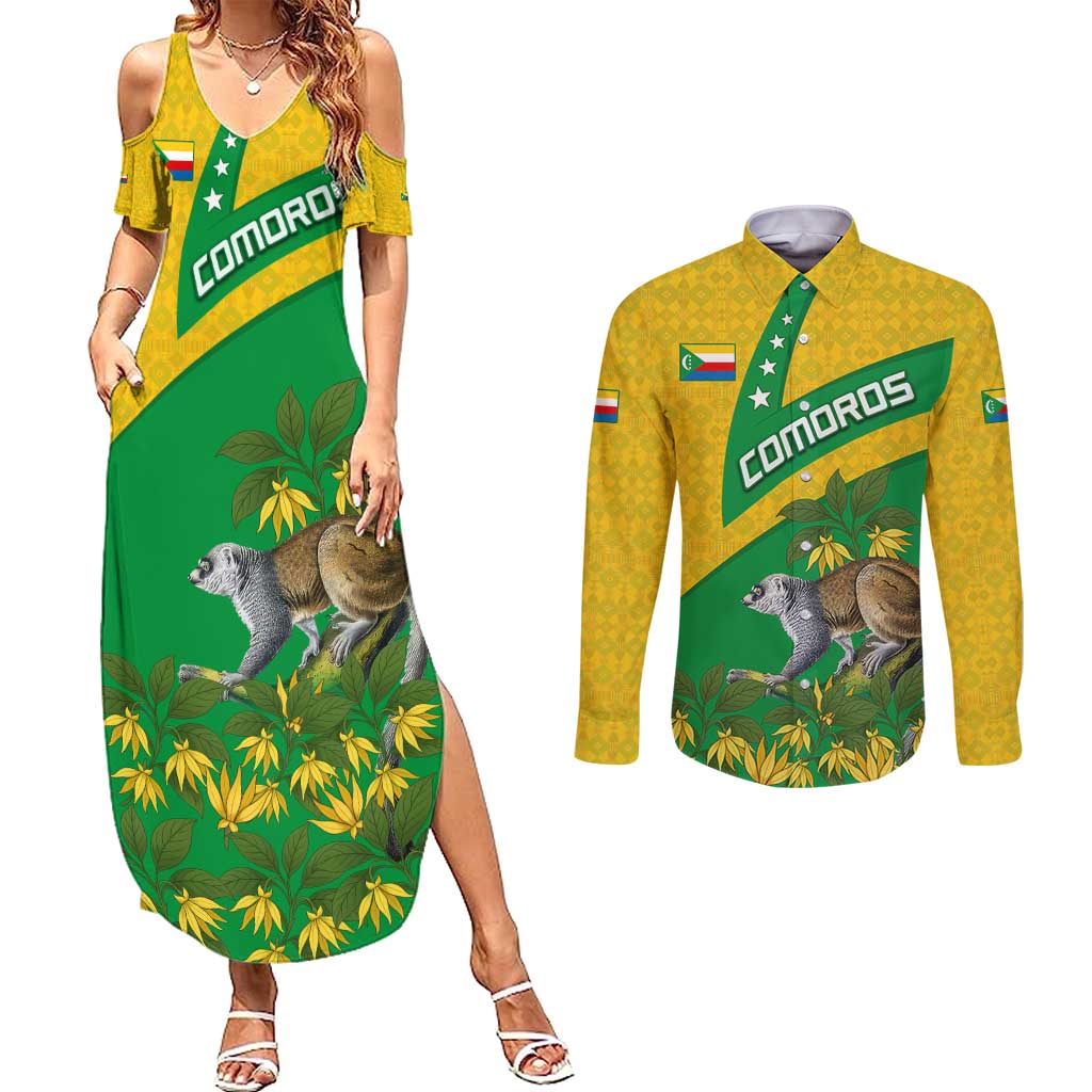 Comoros Couples Matching Summer Maxi Dress and Long Sleeve Button Shirt with National Flag Lemur Design and Ylang Ylang Flower Pattern