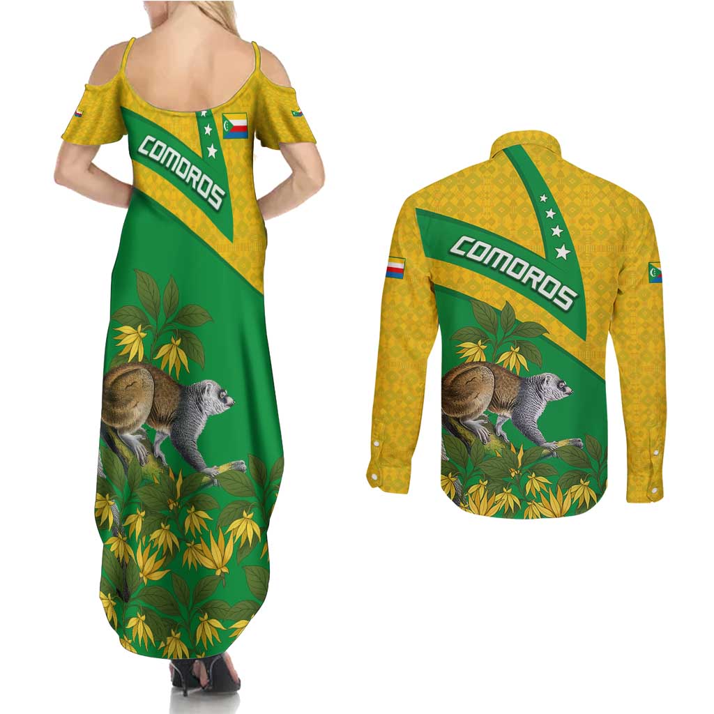 Comoros Couples Matching Summer Maxi Dress and Long Sleeve Button Shirt with National Flag Lemur Design and Ylang Ylang Flower Pattern