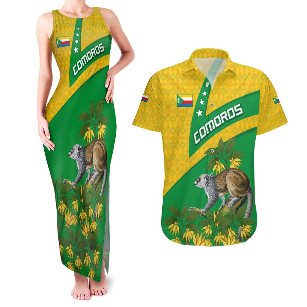 Comoros Couples Matching Tank Maxi Dress and Hawaiian Shirt with National Flag Lemur Design and Ylang Ylang Flower Pattern