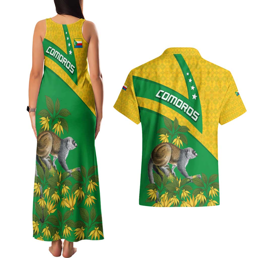 Comoros Couples Matching Tank Maxi Dress and Hawaiian Shirt with National Flag Lemur Design and Ylang Ylang Flower Pattern