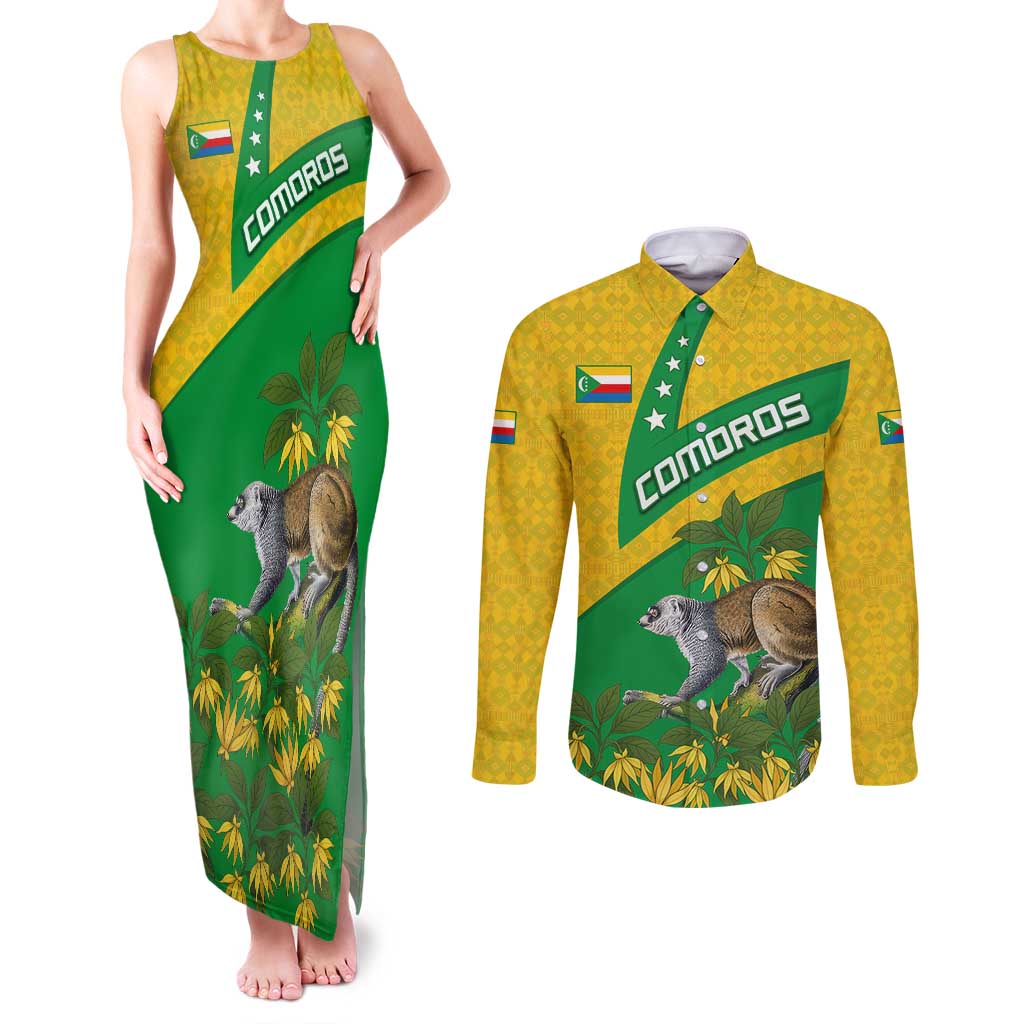 Comoros Couples Matching Tank Maxi Dress and Long Sleeve Button Shirt with National Flag Lemur Design and Ylang Ylang Flower Pattern