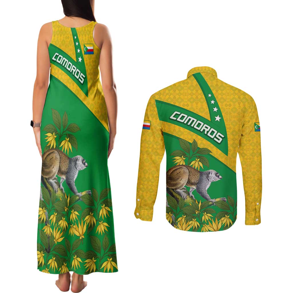 Comoros Couples Matching Tank Maxi Dress and Long Sleeve Button Shirt with National Flag Lemur Design and Ylang Ylang Flower Pattern