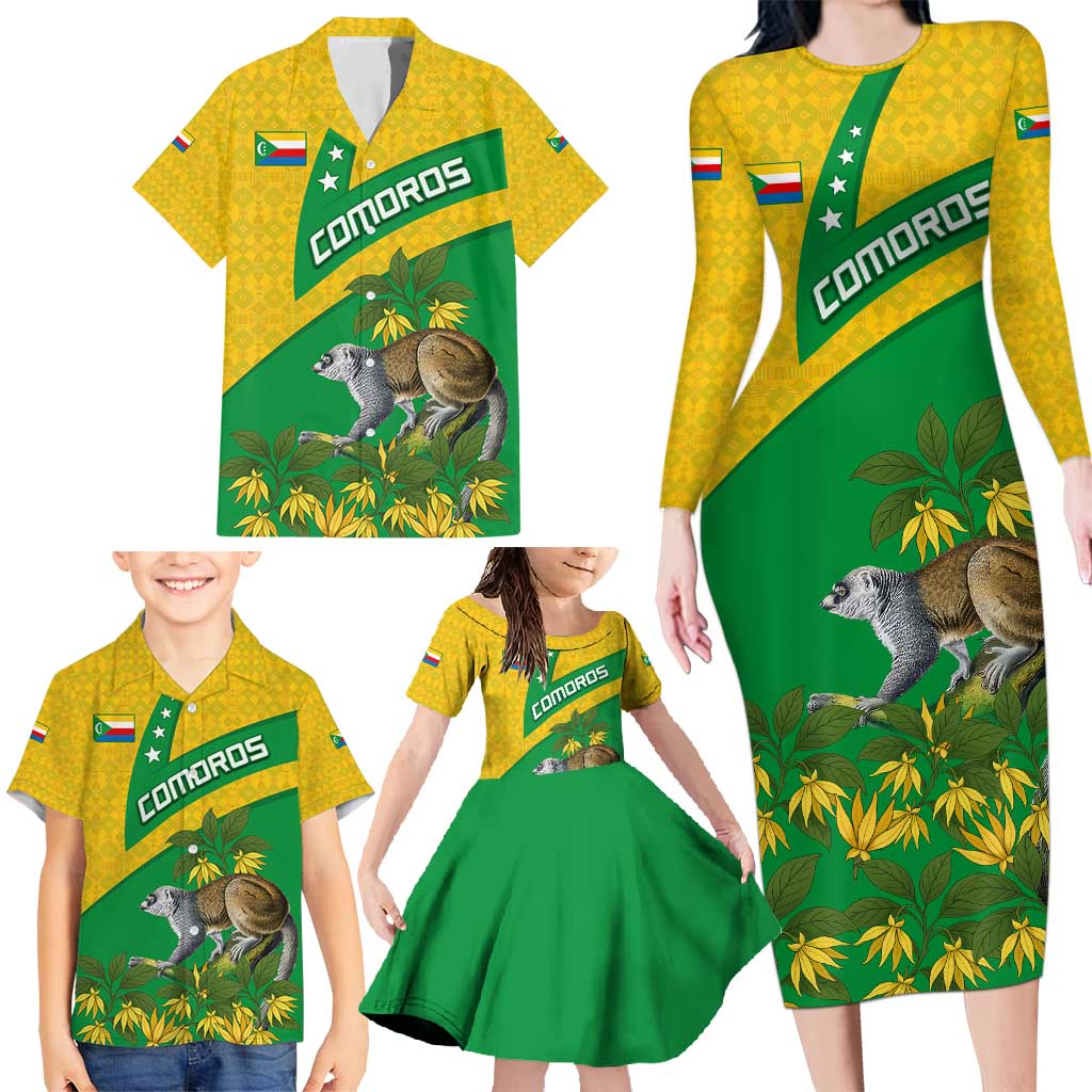 Comoros Family Matching Long Sleeve Bodycon Dress and Hawaiian Shirt with National Flag Lemur Design and Ylang Ylang Flower Pattern