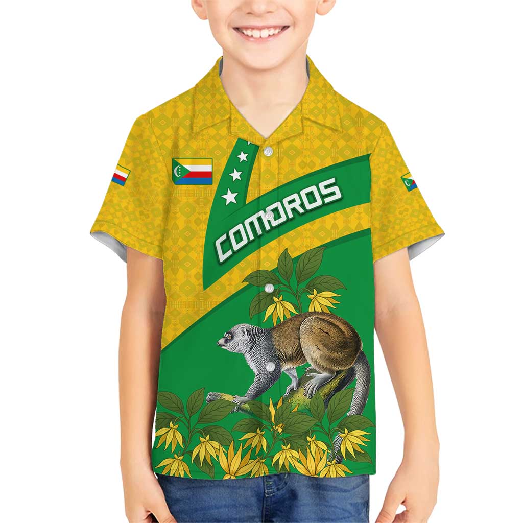 Comoros Family Matching Long Sleeve Bodycon Dress and Hawaiian Shirt with National Flag Lemur Design and Ylang Ylang Flower Pattern