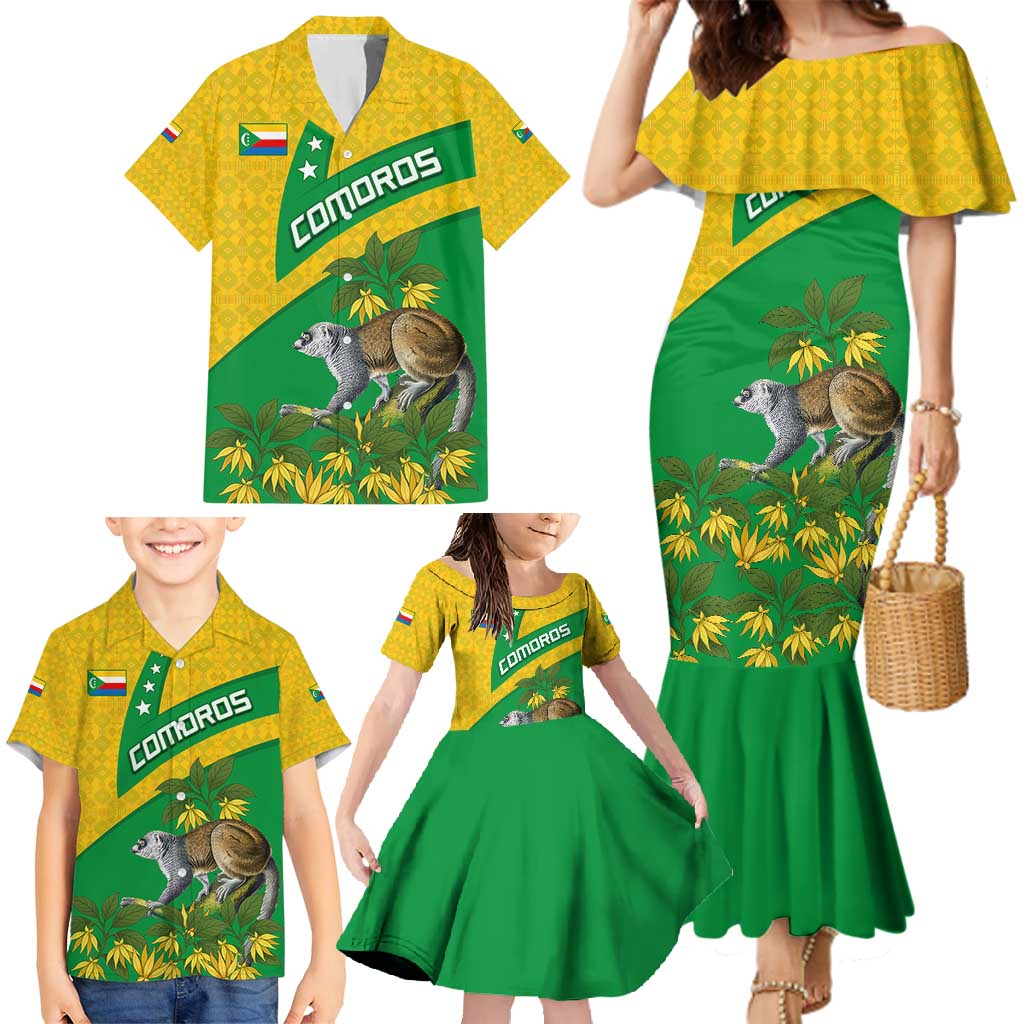 Comoros Family Matching Mermaid Dress and Hawaiian Shirt with National Flag Lemur Design and Ylang Ylang Flower Pattern