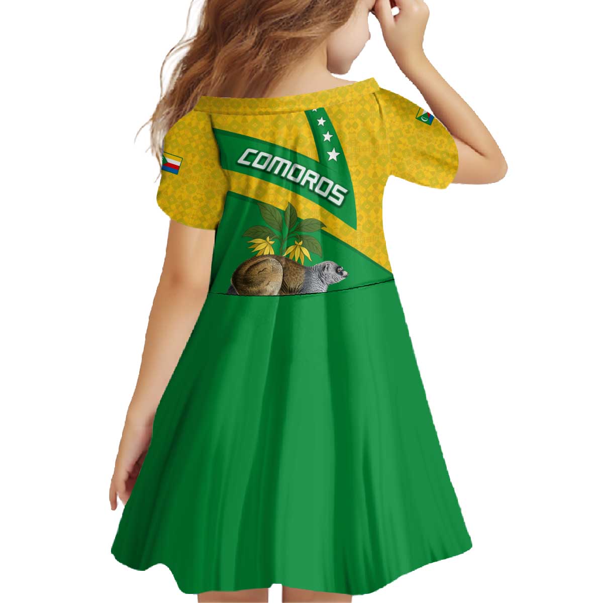 Comoros Family Matching Off The Shoulder Long Sleeve Dress and Hawaiian Shirt with National Flag Lemur Design and Ylang Ylang Flower Pattern