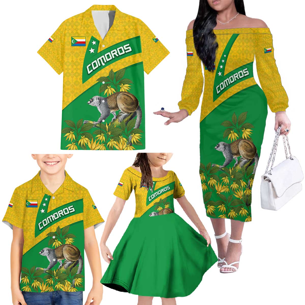 Comoros Family Matching Off The Shoulder Long Sleeve Dress and Hawaiian Shirt with National Flag Lemur Design and Ylang Ylang Flower Pattern
