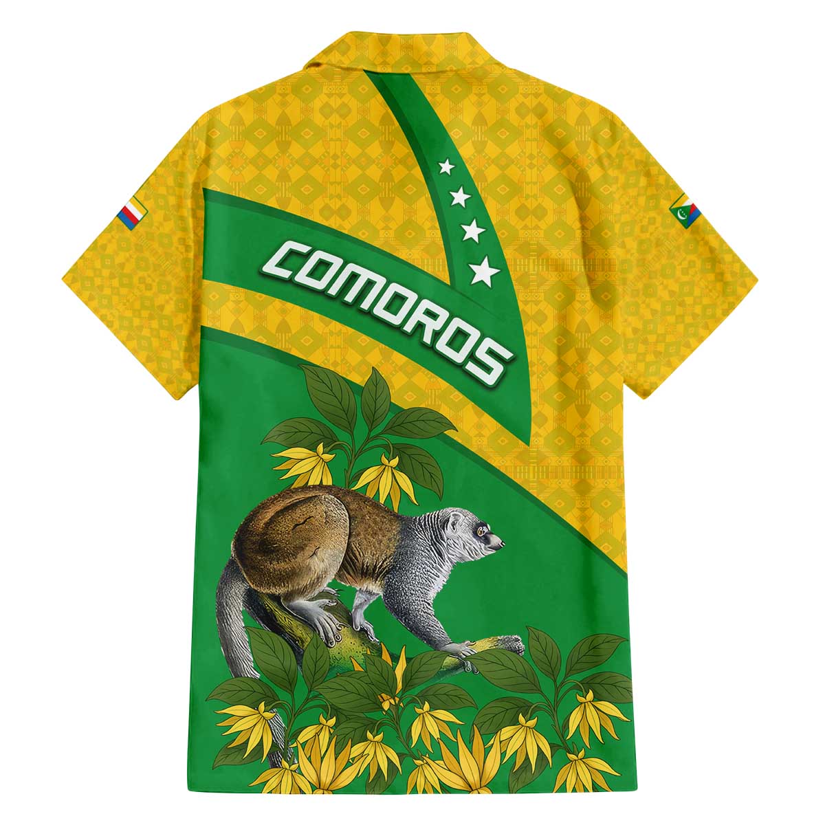 Comoros Family Matching Off The Shoulder Long Sleeve Dress and Hawaiian Shirt with National Flag Lemur Design and Ylang Ylang Flower Pattern