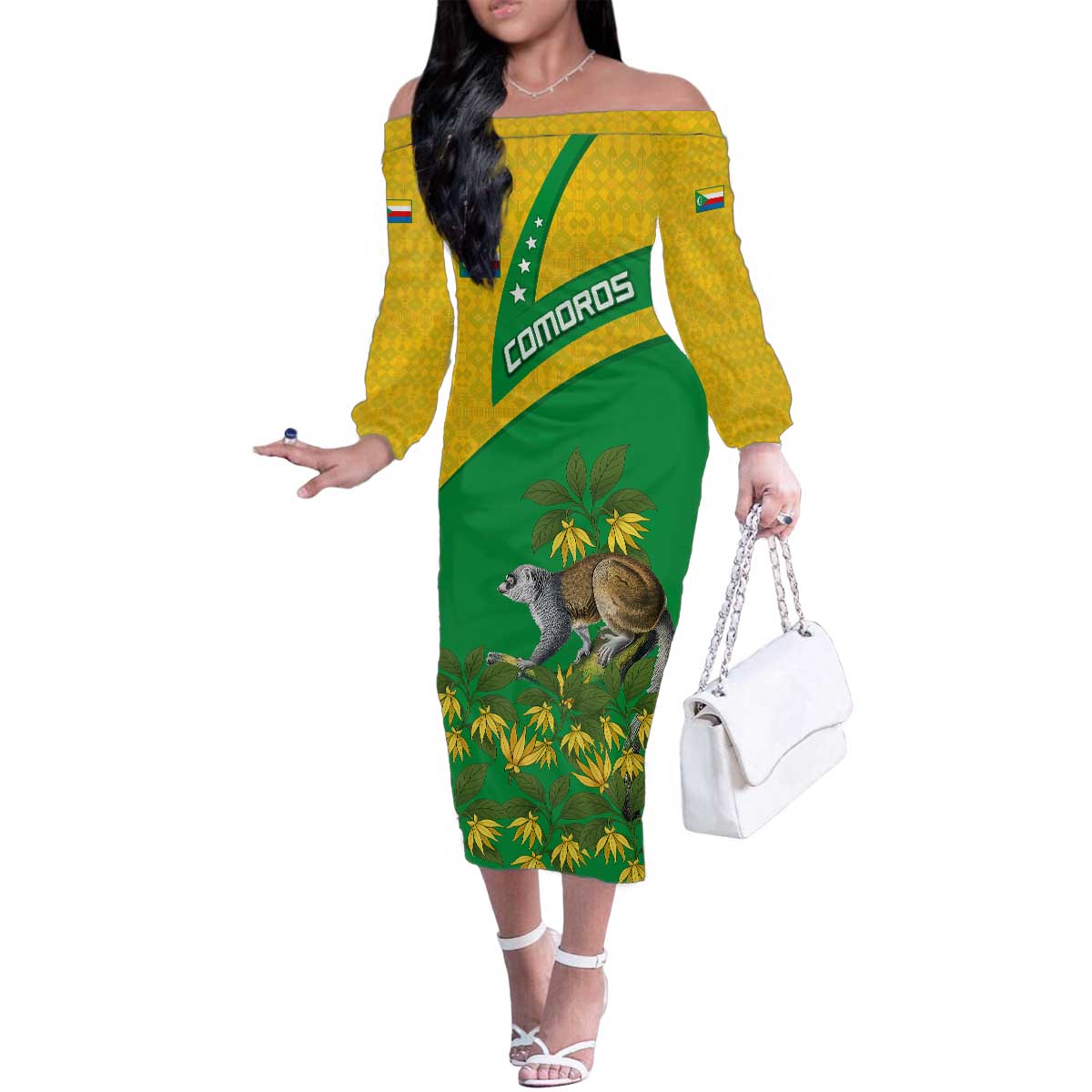 Comoros Family Matching Off The Shoulder Long Sleeve Dress and Hawaiian Shirt with National Flag Lemur Design and Ylang Ylang Flower Pattern