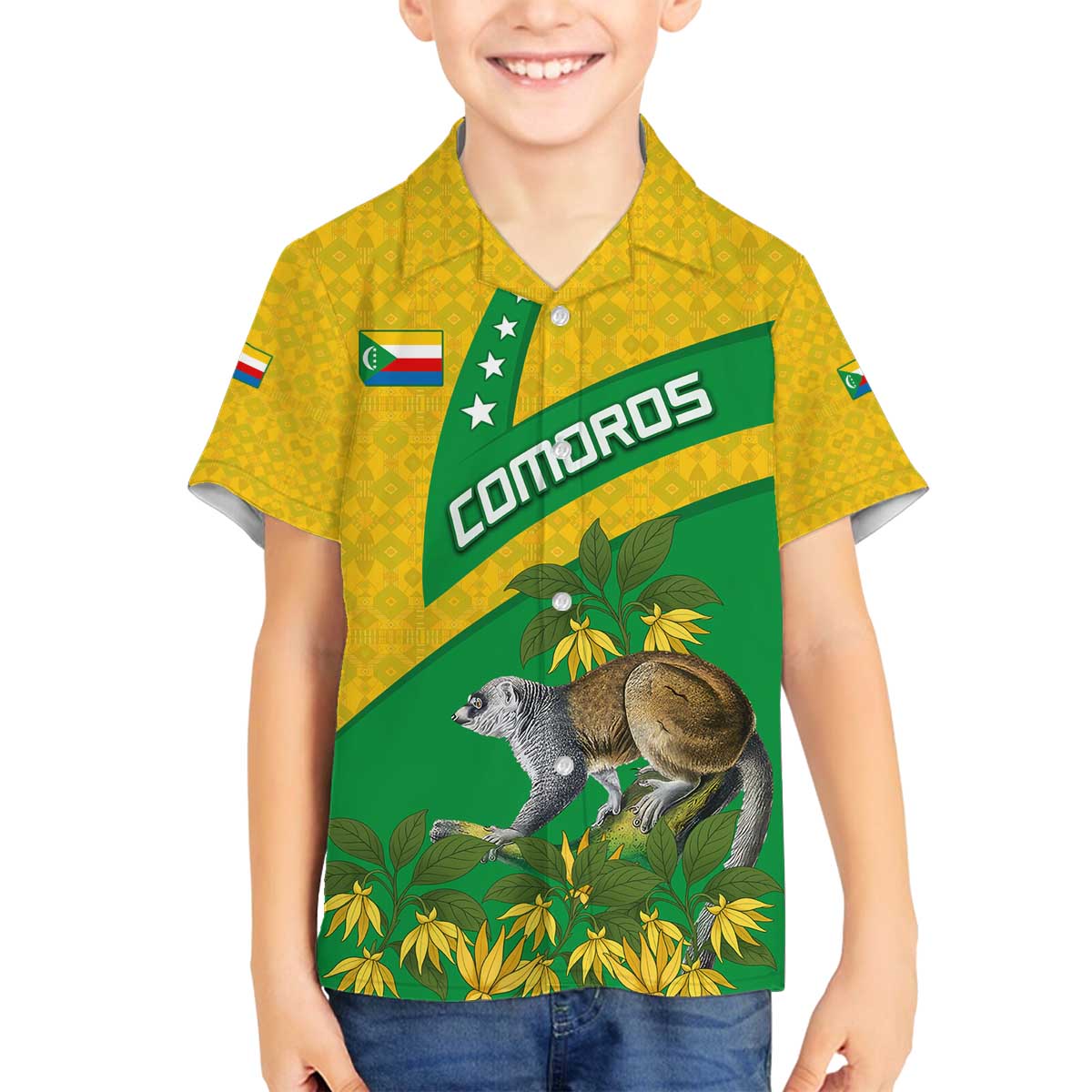 Comoros Family Matching Off The Shoulder Long Sleeve Dress and Hawaiian Shirt with National Flag Lemur Design and Ylang Ylang Flower Pattern