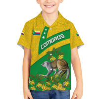Comoros Family Matching Off The Shoulder Long Sleeve Dress and Hawaiian Shirt with National Flag Lemur Design and Ylang Ylang Flower Pattern