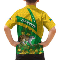 Comoros Family Matching Off Shoulder Maxi Dress and Hawaiian Shirt with National Flag Lemur Design and Ylang Ylang Flower Pattern