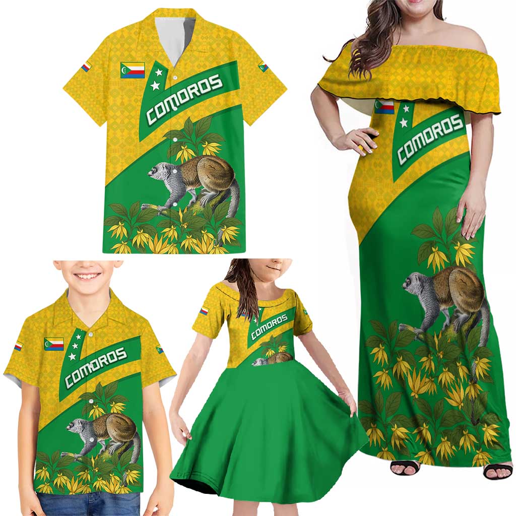 Comoros Family Matching Off Shoulder Maxi Dress and Hawaiian Shirt with National Flag Lemur Design and Ylang Ylang Flower Pattern