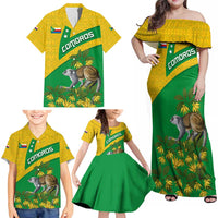 Comoros Family Matching Off Shoulder Maxi Dress and Hawaiian Shirt with National Flag Lemur Design and Ylang Ylang Flower Pattern