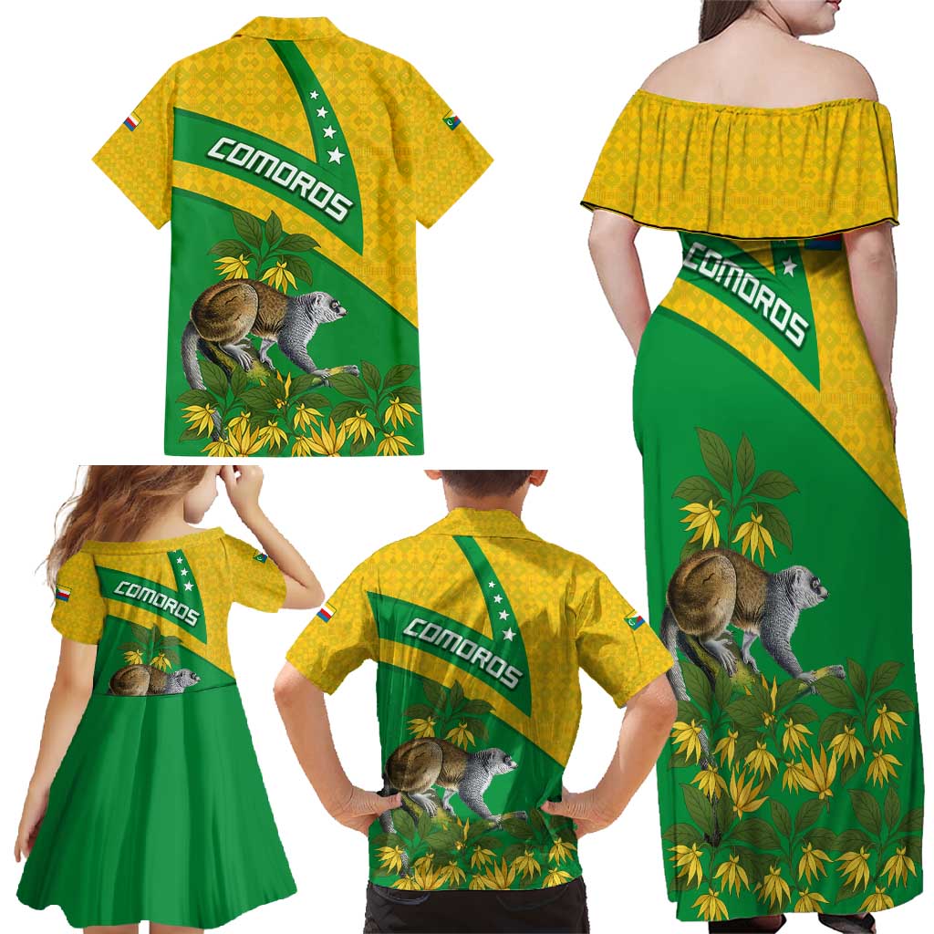 Comoros Family Matching Off Shoulder Maxi Dress and Hawaiian Shirt with National Flag Lemur Design and Ylang Ylang Flower Pattern