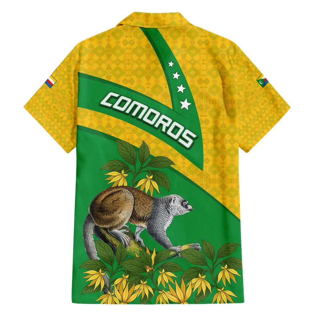 Comoros Family Matching Off Shoulder Maxi Dress and Hawaiian Shirt with National Flag Lemur Design and Ylang Ylang Flower Pattern