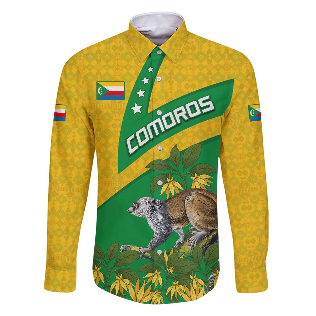 Comoros Family Matching Off Shoulder Maxi Dress and Hawaiian Shirt with National Flag Lemur Design and Ylang Ylang Flower Pattern