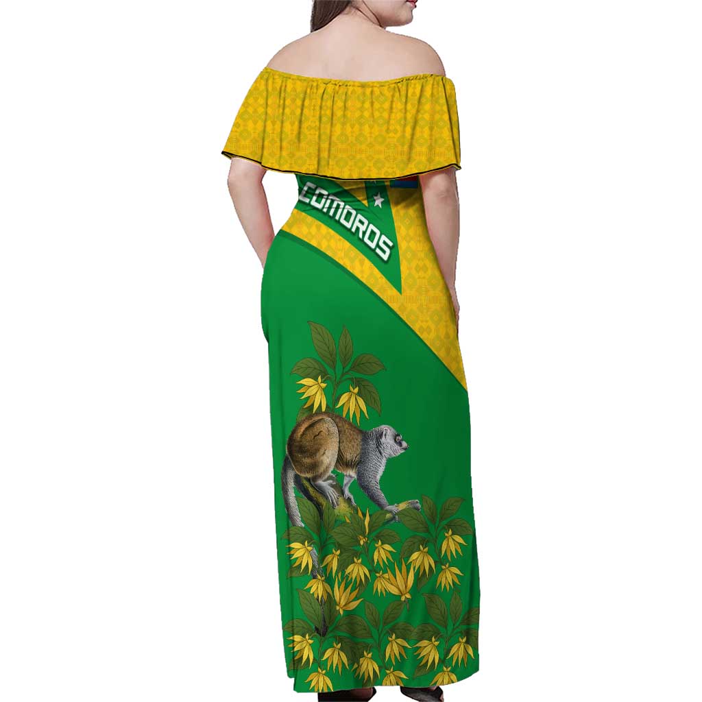 Comoros Family Matching Off Shoulder Maxi Dress and Hawaiian Shirt with National Flag Lemur Design and Ylang Ylang Flower Pattern