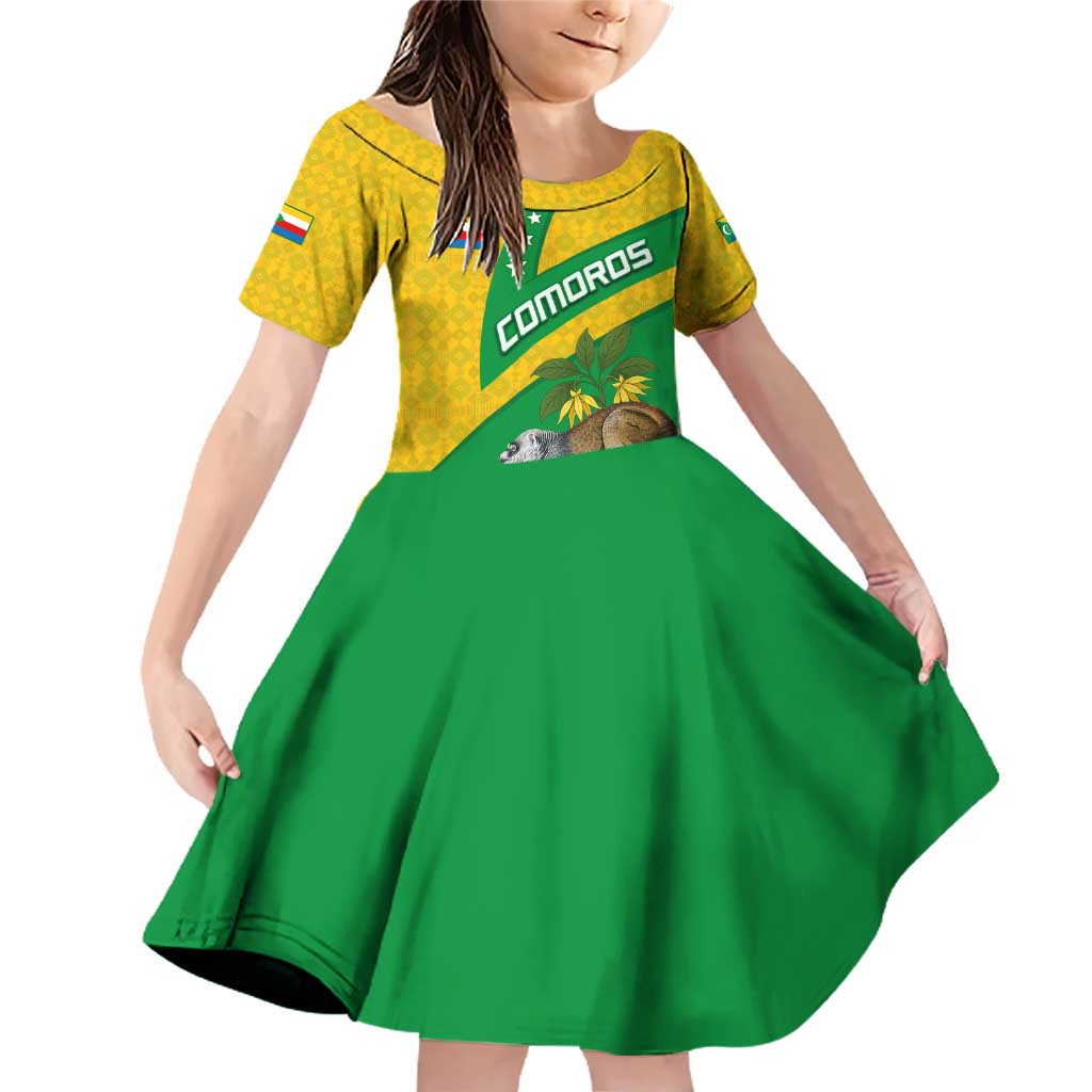 Comoros Family Matching Off Shoulder Short Dress and Hawaiian Shirt with National Flag Lemur Design and Ylang Ylang Flower Pattern