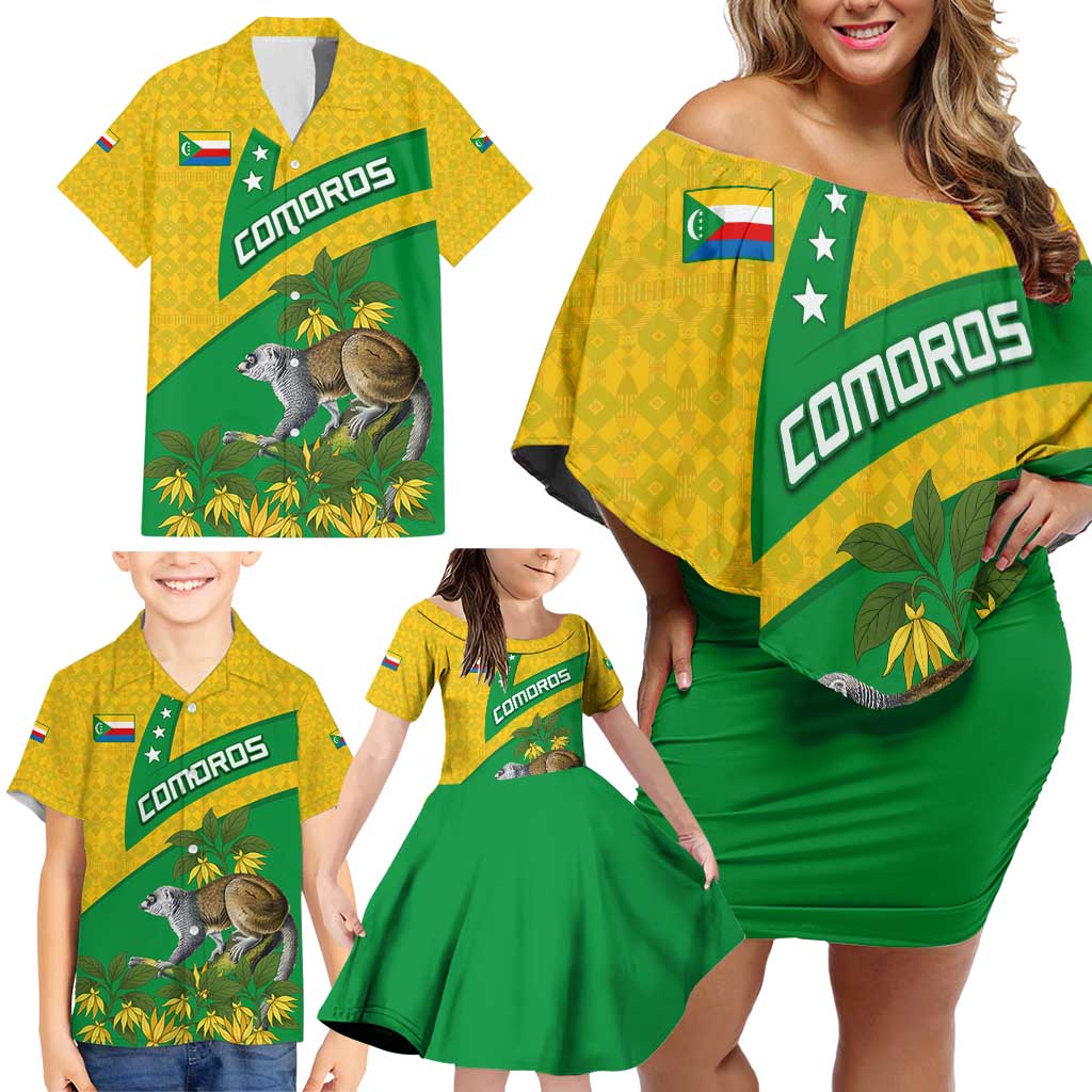 Comoros Family Matching Off Shoulder Short Dress and Hawaiian Shirt with National Flag Lemur Design and Ylang Ylang Flower Pattern