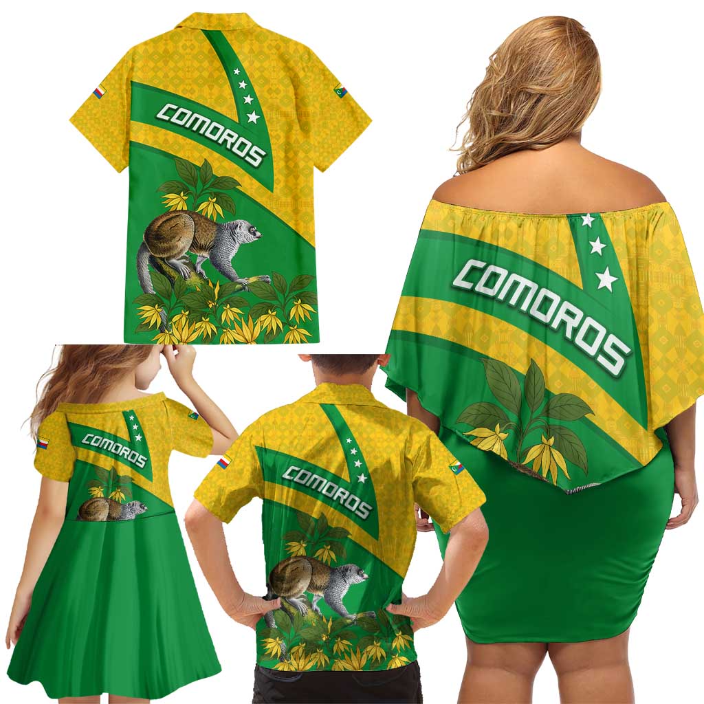 Comoros Family Matching Off Shoulder Short Dress and Hawaiian Shirt with National Flag Lemur Design and Ylang Ylang Flower Pattern