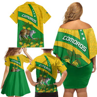 Comoros Family Matching Off Shoulder Short Dress and Hawaiian Shirt with National Flag Lemur Design and Ylang Ylang Flower Pattern