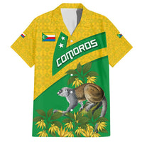 Comoros Family Matching Off Shoulder Short Dress and Hawaiian Shirt with National Flag Lemur Design and Ylang Ylang Flower Pattern