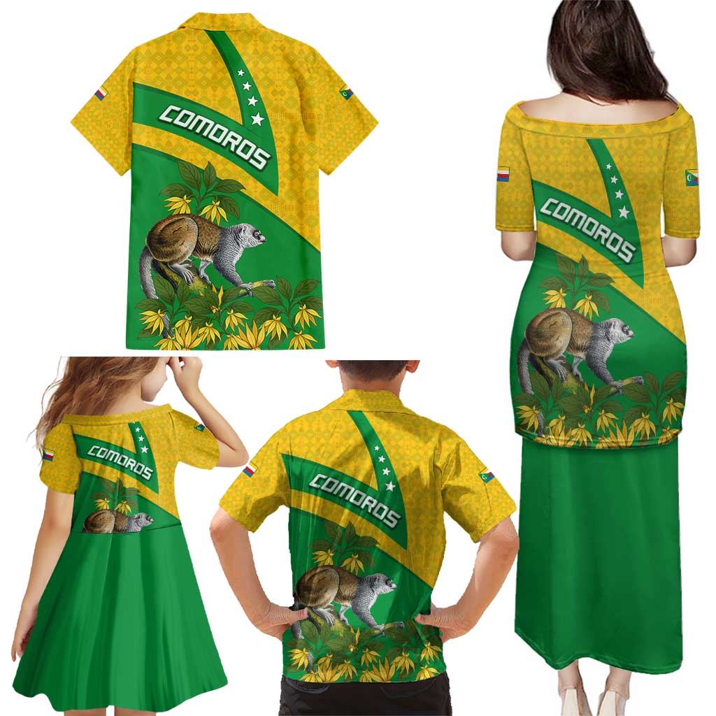 Comoros Family Matching Puletasi and Hawaiian Shirt with National Flag Lemur Design and Ylang Ylang Flower Pattern