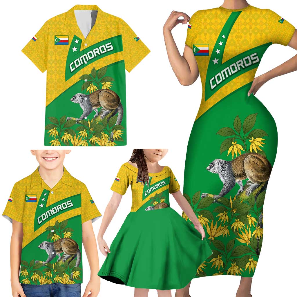 Comoros Family Matching Short Sleeve Bodycon Dress and Hawaiian Shirt with National Flag Lemur Design and Ylang Ylang Flower Pattern