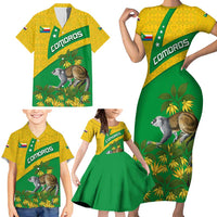 Comoros Family Matching Short Sleeve Bodycon Dress and Hawaiian Shirt with National Flag Lemur Design and Ylang Ylang Flower Pattern