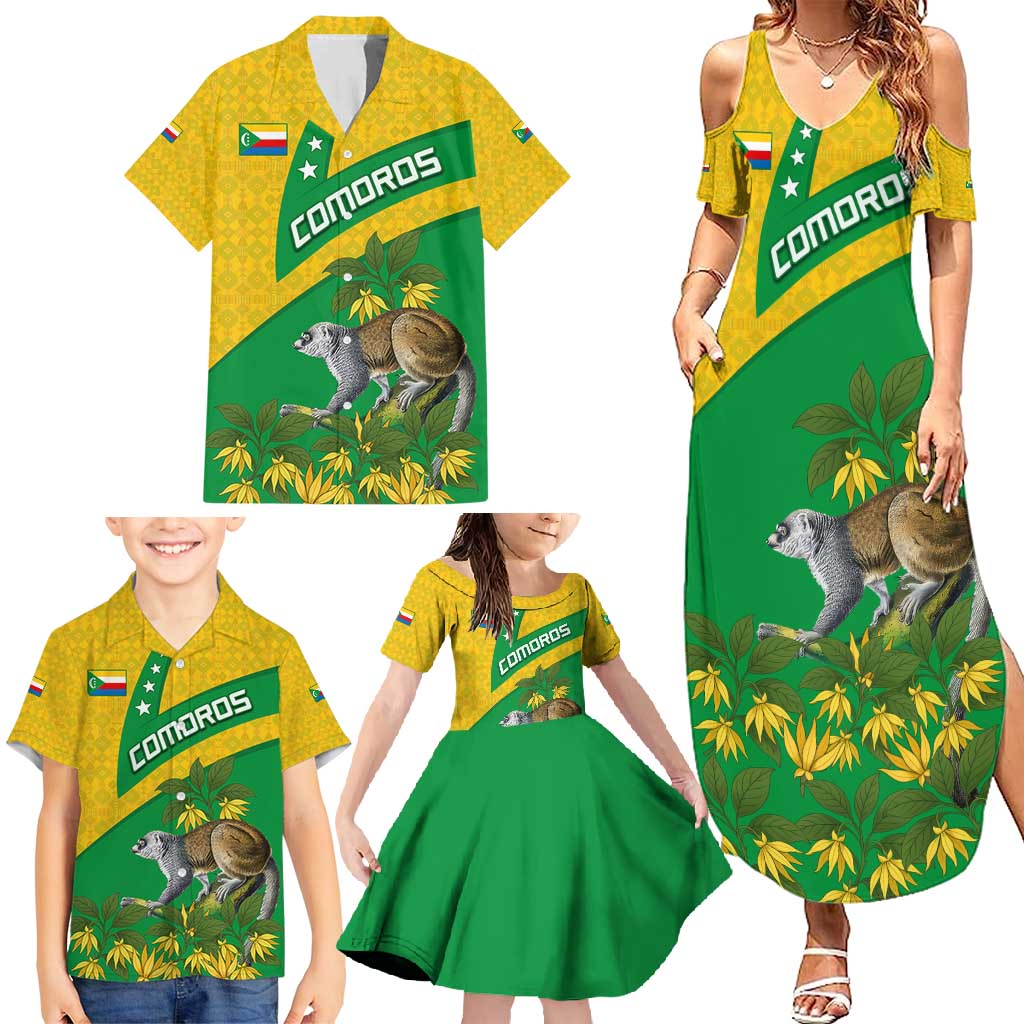 Comoros Family Matching Summer Maxi Dress and Hawaiian Shirt with National Flag Lemur Design and Ylang Ylang Flower Pattern