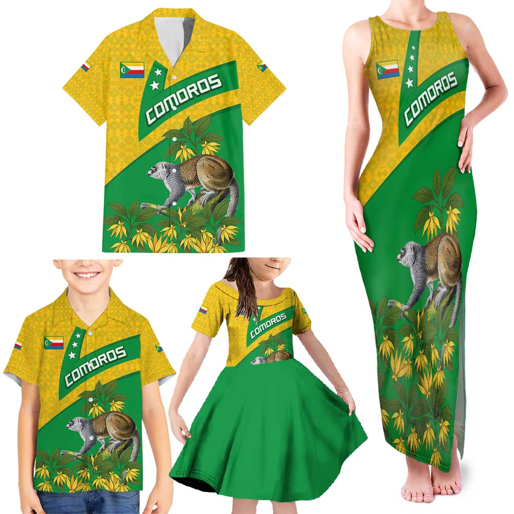 Comoros Family Matching Tank Maxi Dress and Hawaiian Shirt with National Flag Lemur Design and Ylang Ylang Flower Pattern