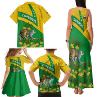 Comoros Family Matching Tank Maxi Dress and Hawaiian Shirt with National Flag Lemur Design and Ylang Ylang Flower Pattern
