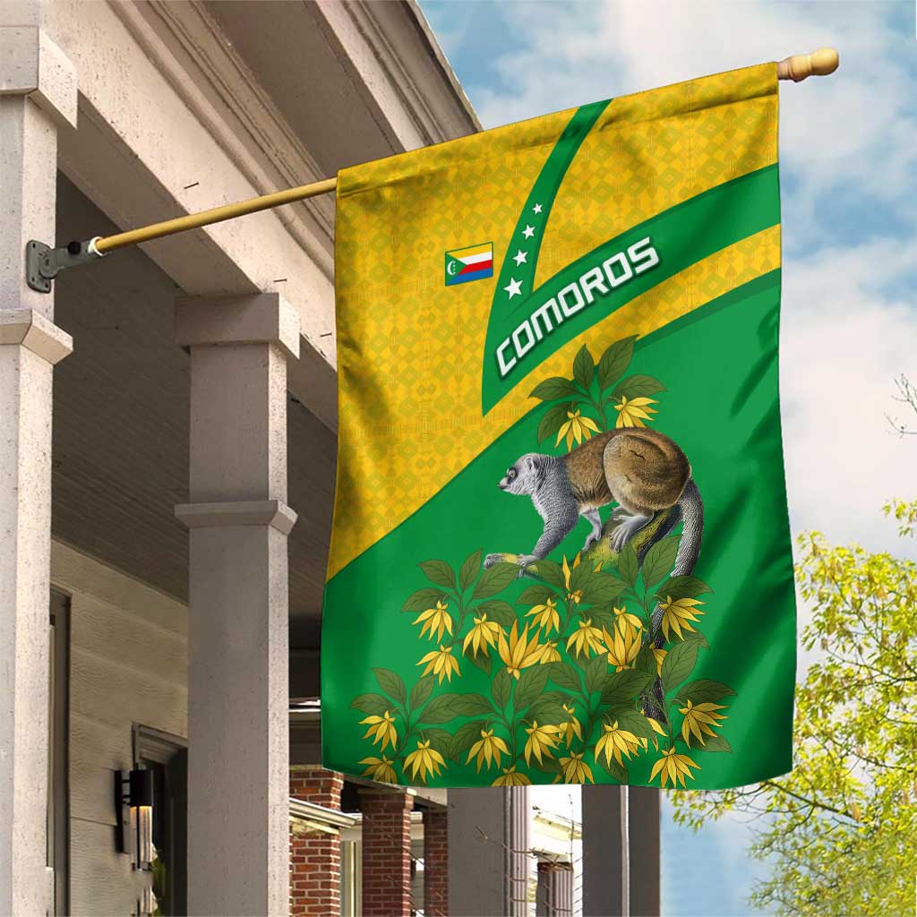 Comoros Garden Flag with National Flag Lemur Design and Ylang Ylang Flower Pattern