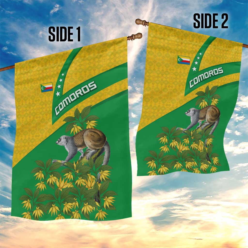 Comoros Garden Flag with National Flag Lemur Design and Ylang Ylang Flower Pattern