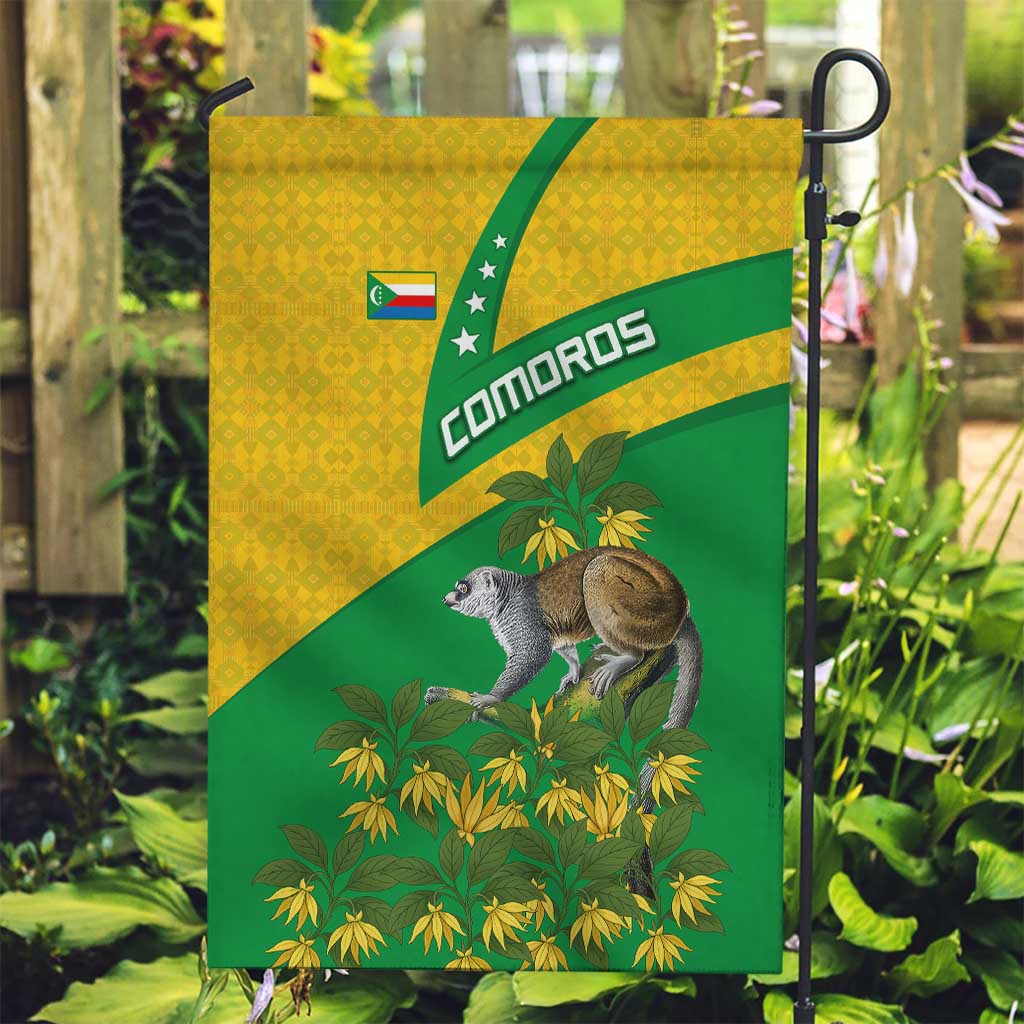 Comoros Garden Flag with National Flag Lemur Design and Ylang Ylang Flower Pattern