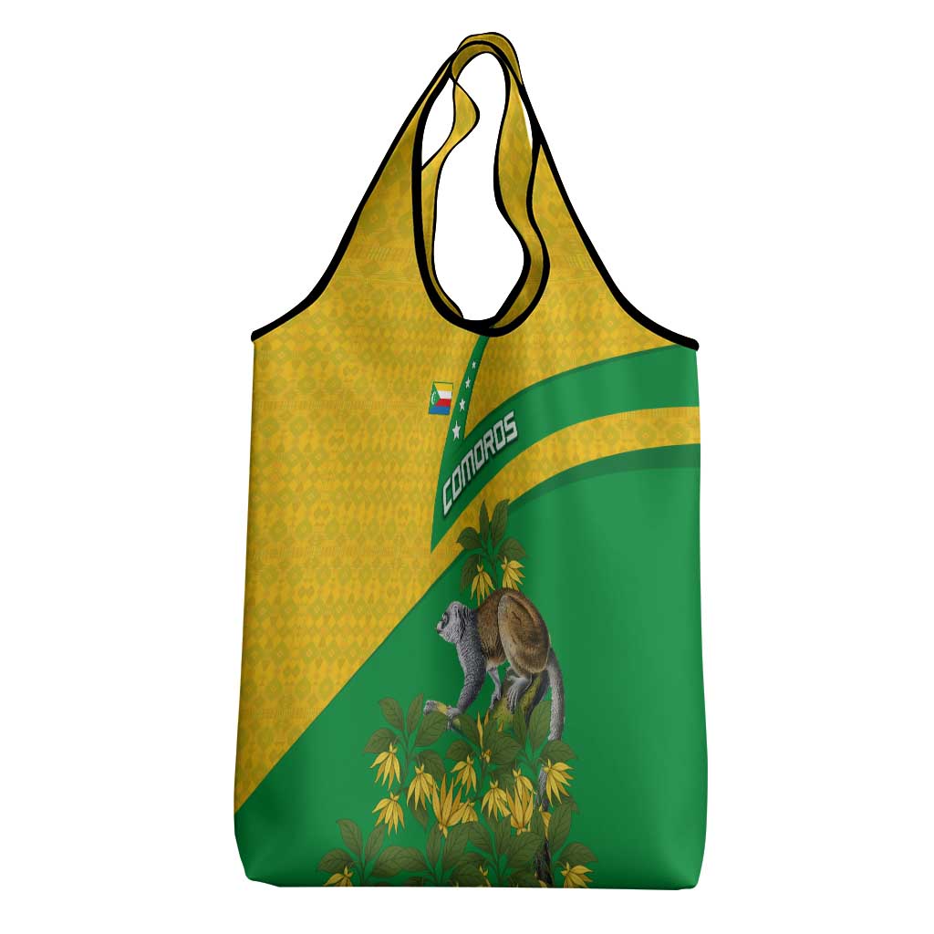 Comoros Grocery Bag with National Flag Lemur Design and Ylang Ylang Flower Pattern