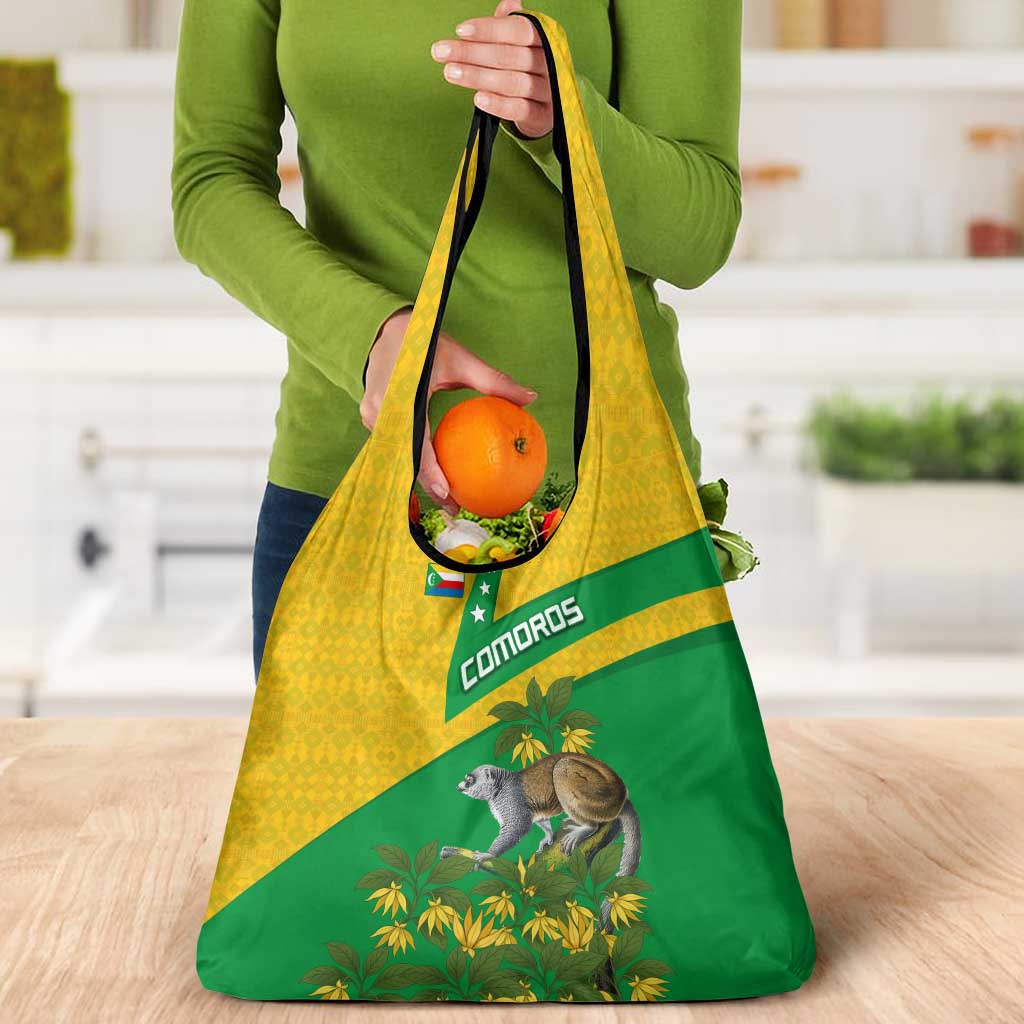 Comoros Grocery Bag with National Flag Lemur Design and Ylang Ylang Flower Pattern