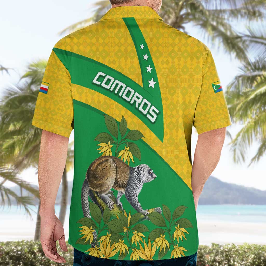 Comoros Hawaiian Shirt with National Flag Lemur Design and Ylang Ylang Flower Pattern